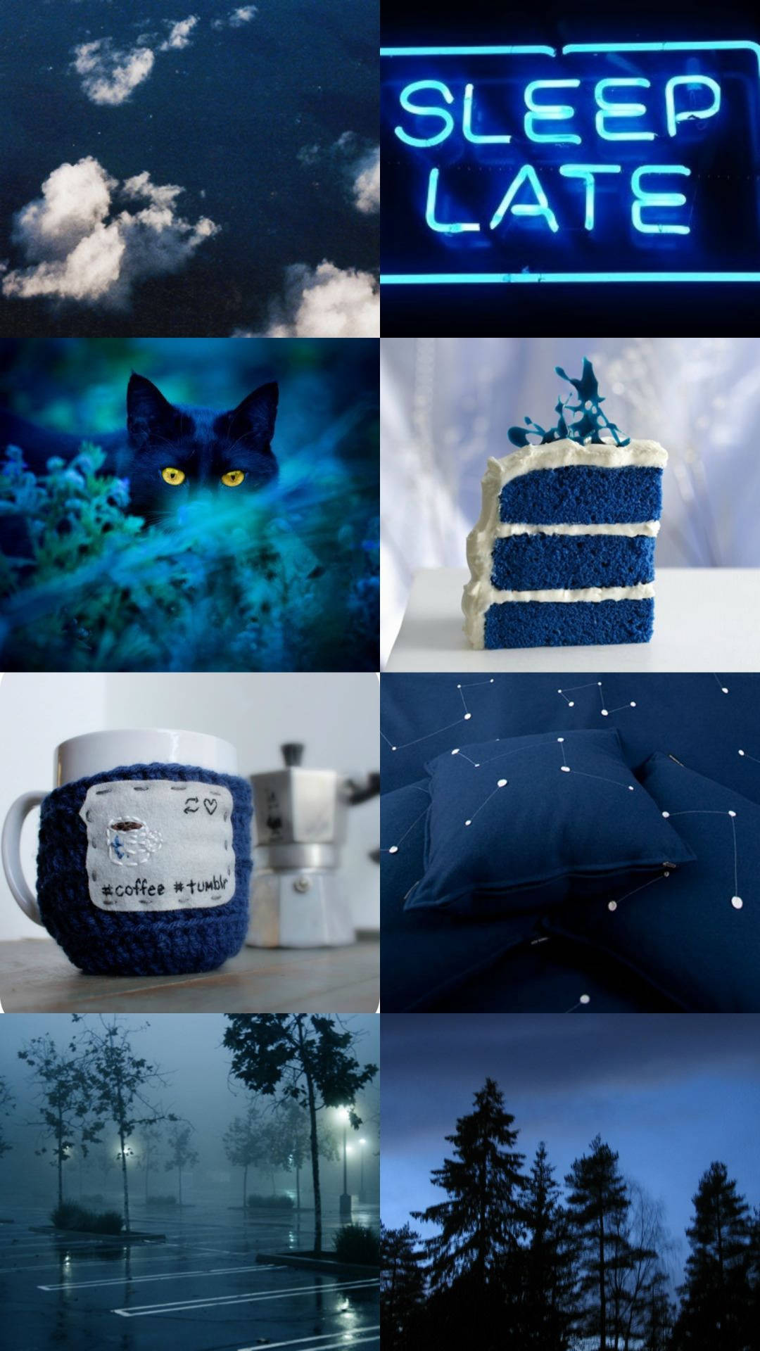Tumblr 文青風 桌布 壁紙 — 八張憂鬱藍色主題圖片的拼貼，包括樹葉中的貓、霓虹燈牌、蛋糕、咖啡杯、枕頭和暮色天空下的雨街。
