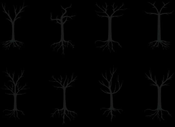 Tree Silhouette 桌布 壁紙 — 八棵光禿樹木的剪影，帶有可見的根部，以網格圖案排列在純黑色背景上。