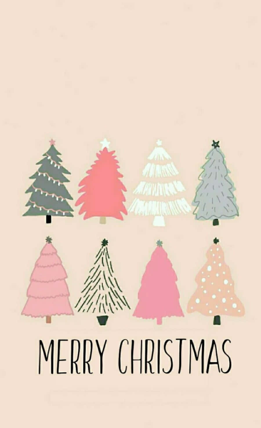 Cute Christmas Phone 桌布 壁紙 — 八棵粉彩色的風格化聖誕樹，帶有星星和裝飾品，排列成兩行，背景為米色，並有「MERRY CHRISTMAS」文字。