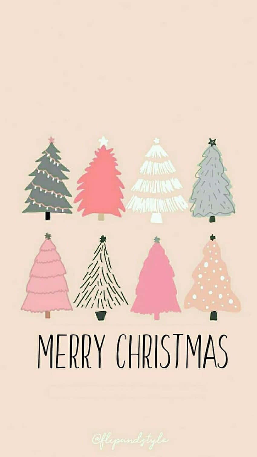 Cute Christmas Tree 桌布 壁紙 — 八棵風格化的聖誕樹，採用柔和粉彩色調，帶有各種圖案和星星裝飾，背景為柔和的米色，並帶有「MERRY CHRISTMAS」文字。