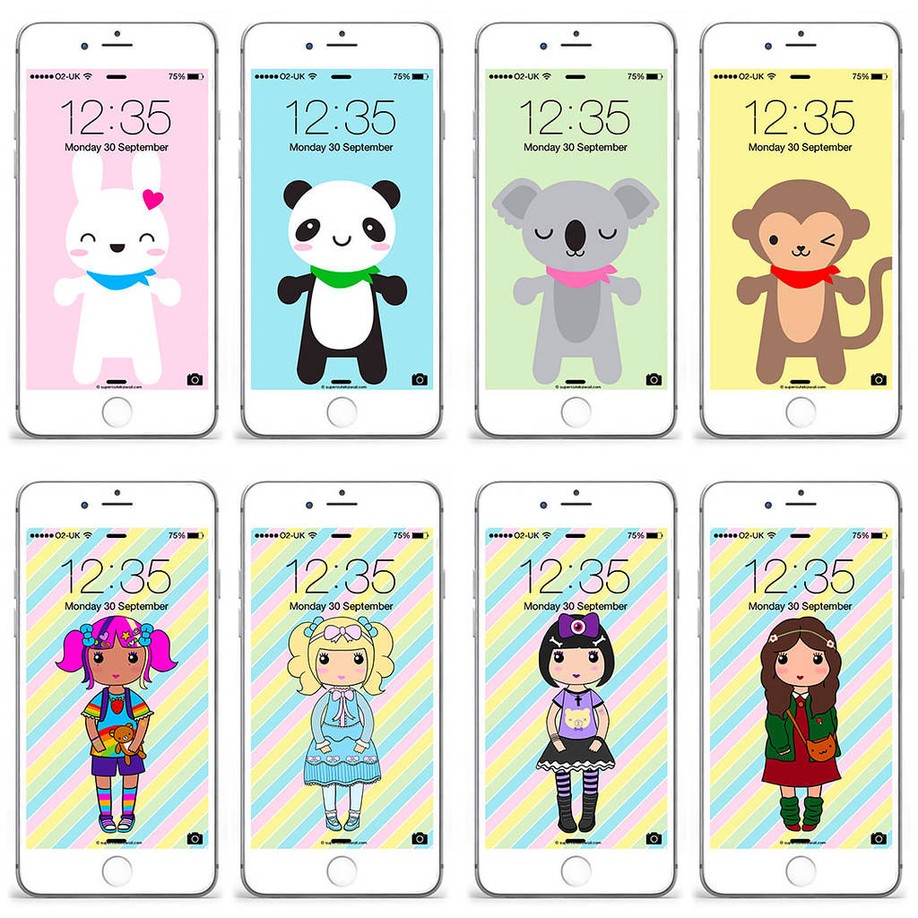 Super 桌布 壁紙 — 八款卡通動物和女孩的桌布顯示在iPhone螢幕上，配有粉彩背景和相配的圍巾。