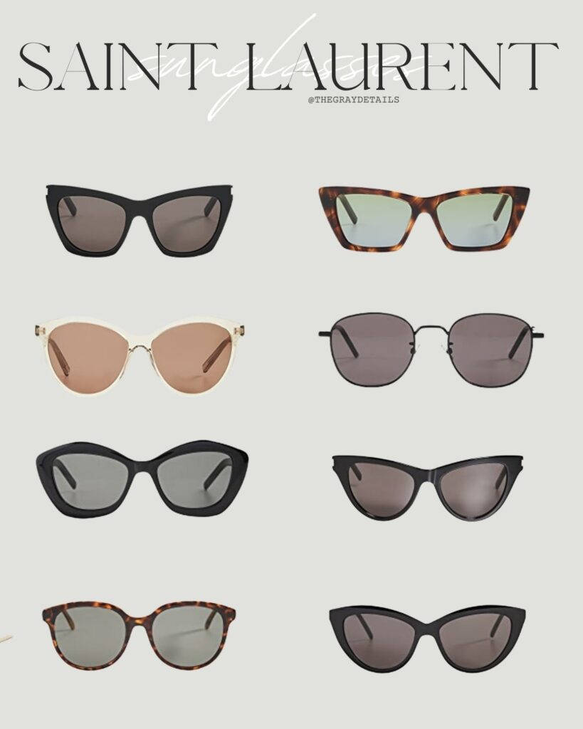 Ysl 桌布 壁紙 — 八款時尚的Saint Laurent太陽眼鏡，配以各種鏡框和鏡片顏色，在中性背景上展示。