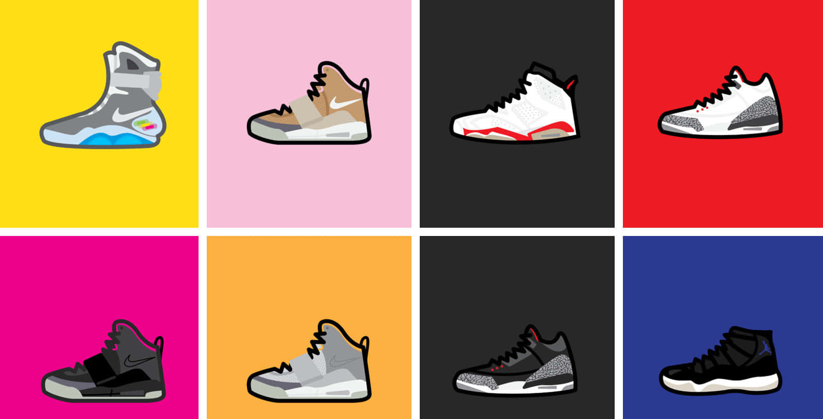 Cute Shoes 桌布 壁紙 — 八款標誌性運動鞋以鮮豔彩色方格展示，帶有粗線條輪廓和清晰陰影。