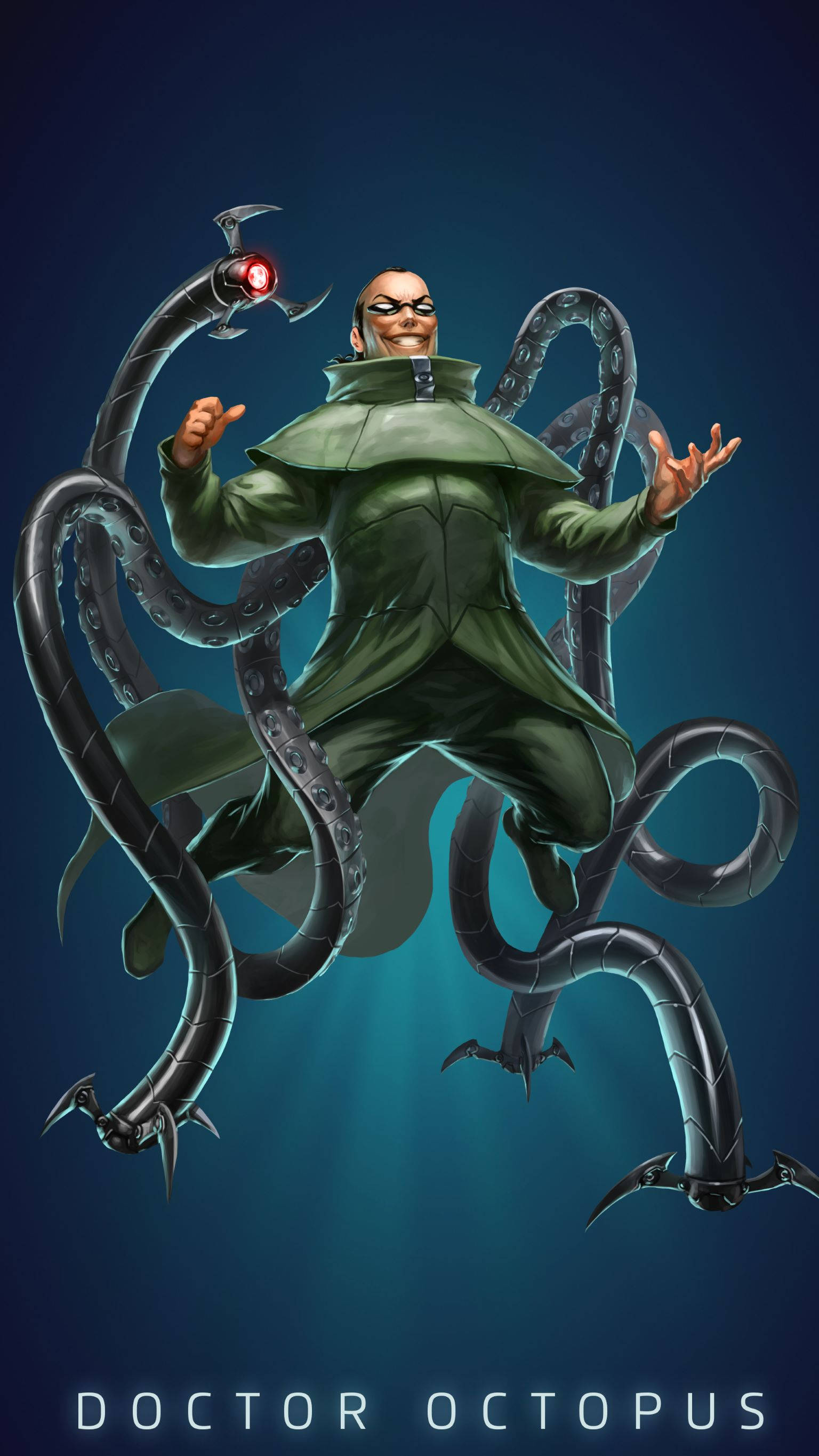 Doctor Octopus 桌布 壁紙 — 八爪魚博士帶著四條機械觸手，在深藍色漸變背景上威脅性地漂浮。