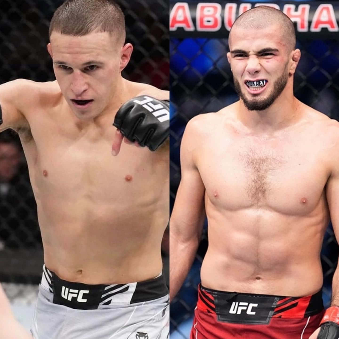 UFC 桌布 壁紙 — 八角籠內兩位激烈的UFC拳手，一位指向前方，另一位咬緊牙關，展現出強烈的決心。