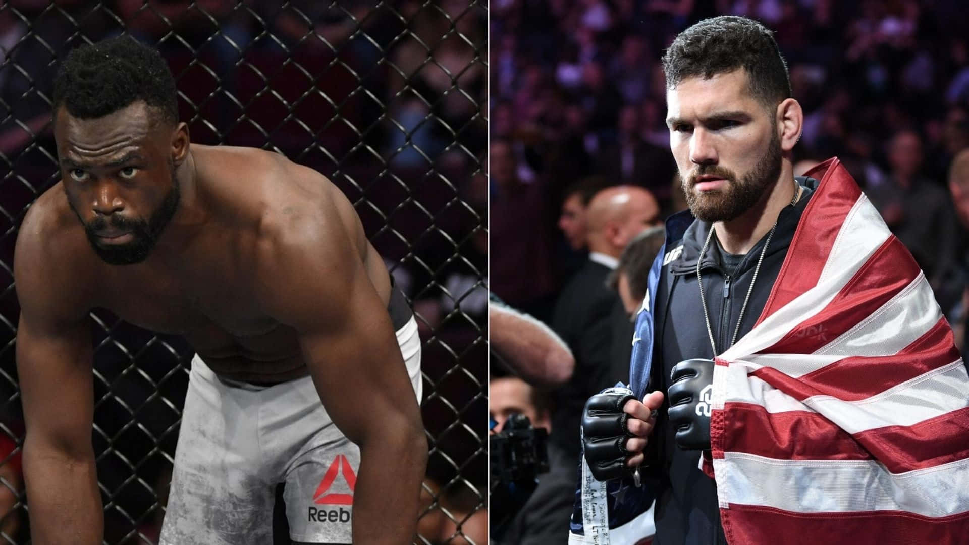 MMA 桌布 壁紙 — 八角籠內兩名激烈的MMA拳手，一人赤裸上身向前傾，另一人披著美國國旗，兩人都專注且堅定。