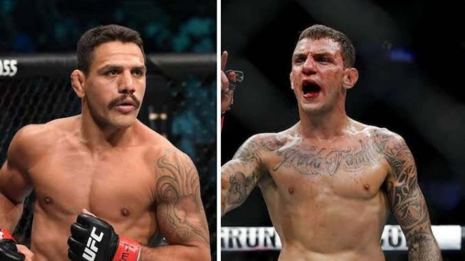 運動 桌布 壁紙 — 八角籠內兩名肌肉發達的MMA拳手，一人冷靜戴著手套，另一人露出刺青勝利咆哮。