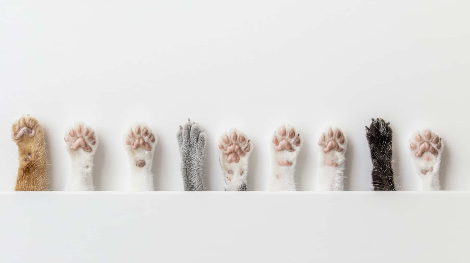 Adorable Cat Paws Lined Up Against White Background 壁紙 — 八隻不同毛色和圖案的貓爪整齊地排成一排，從白色表面上方探出頭來。