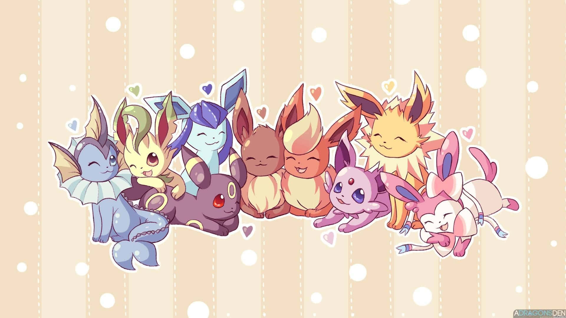 Cute Pikachu And Eevee 桌布 壁紙 — 八隻伊布進化型在柔軟條紋背景上微笑擁抱的可愛陣容，周圍漂浮著愛心。