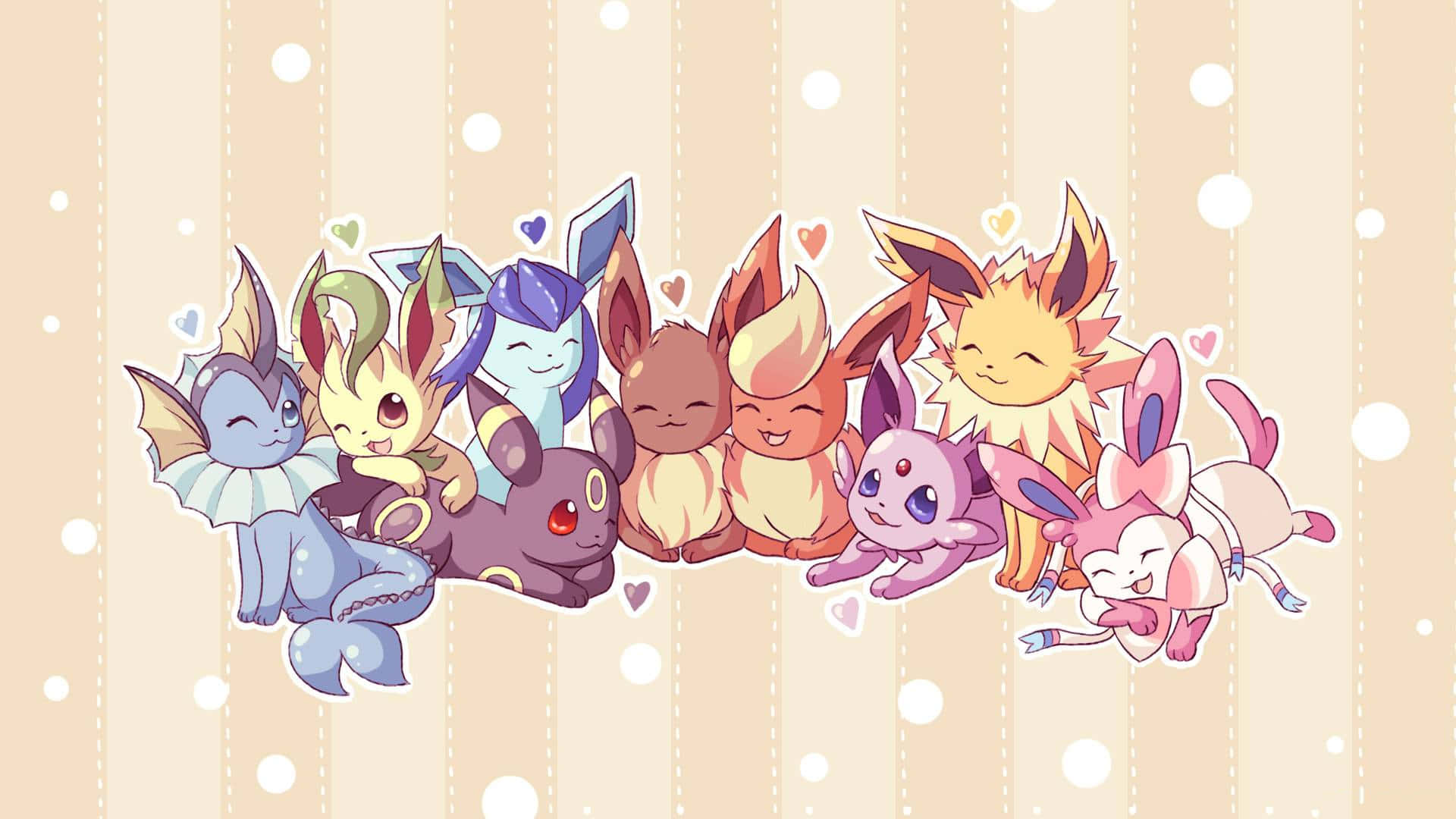 Pokemon Characters 桌布 壁紙 — 八隻伊布進化型寶可夢在柔軟條紋背景上微笑依偎的可愛陣容，周圍漂浮著愛心。