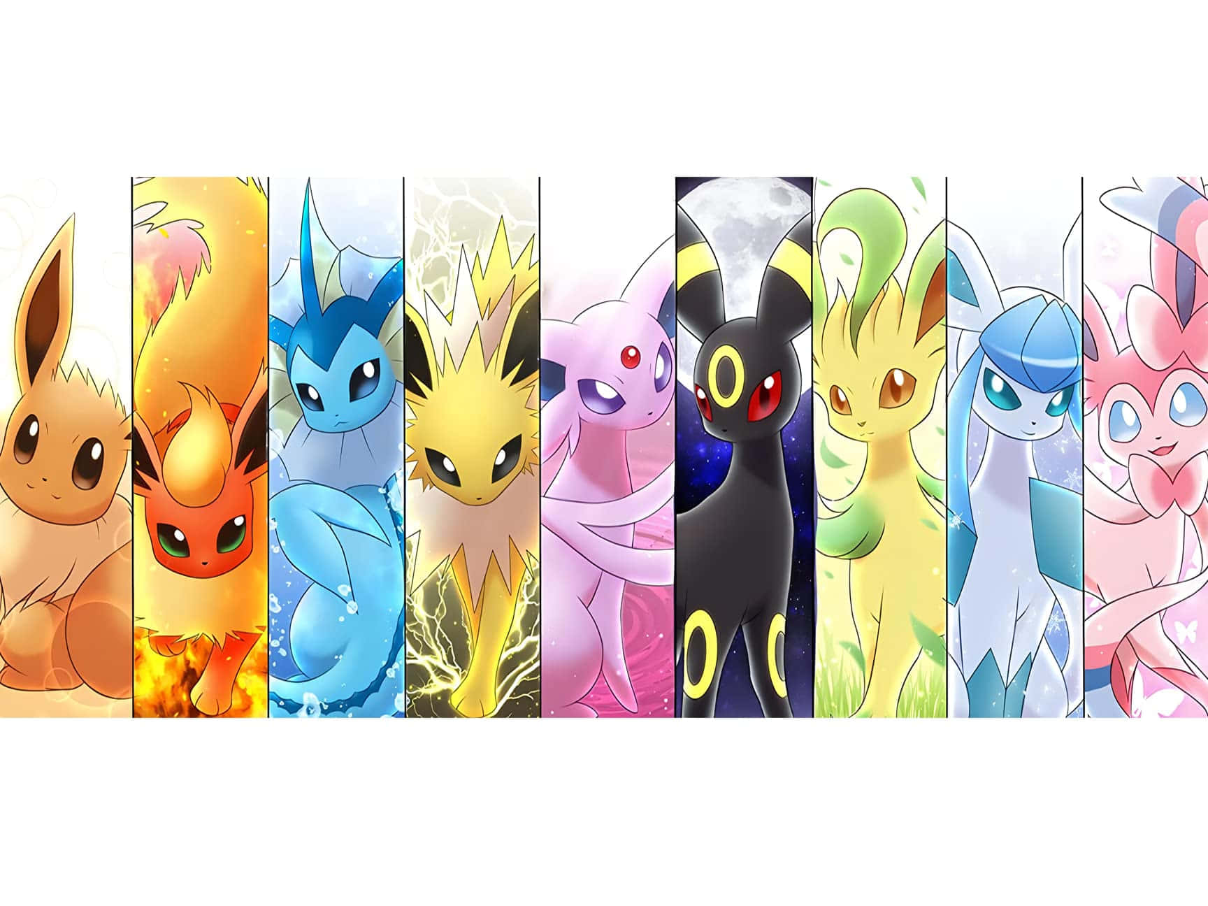 Pokemon Posters 桌布 壁紙 — 八隻伊布進化型寶可夢的鮮豔排列，每隻都在自己多彩的垂直面板中展示獨特的元素主題。