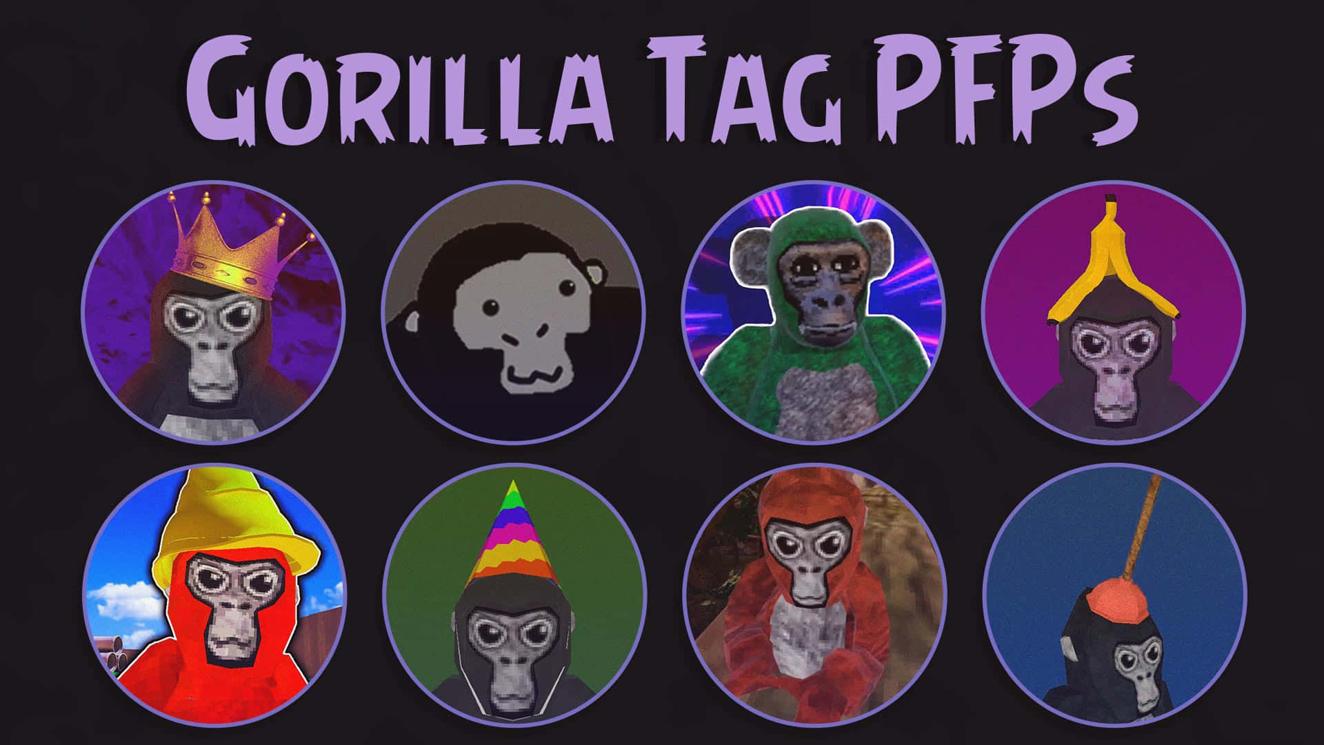 Gorilla Tag 桌布 壁紙 — 八隻卡通大猩猩戴著色彩繽紛的帽子和服裝，出現在深色背景的圓形框架中。