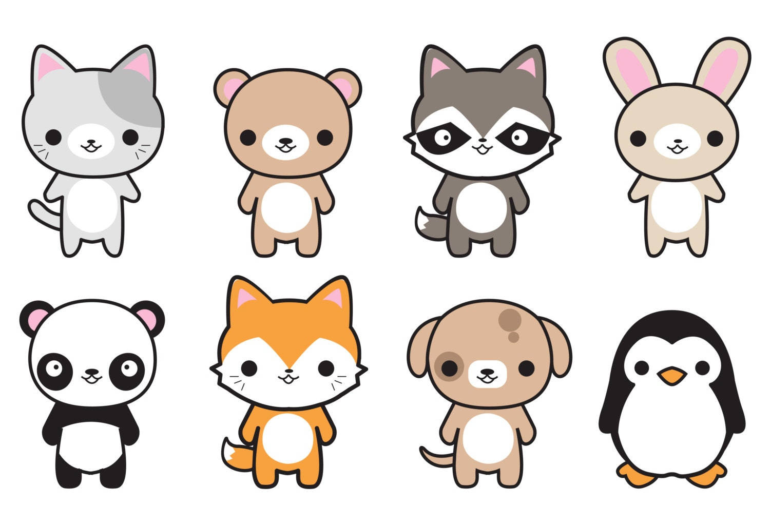 Kawaii Cute Animals 桌布 壁紙 — 八隻可愛卡通動物，包括貓、熊、浣熊、兔子、熊貓、狐狸、狗和企鵝，線條簡單，色彩柔和。