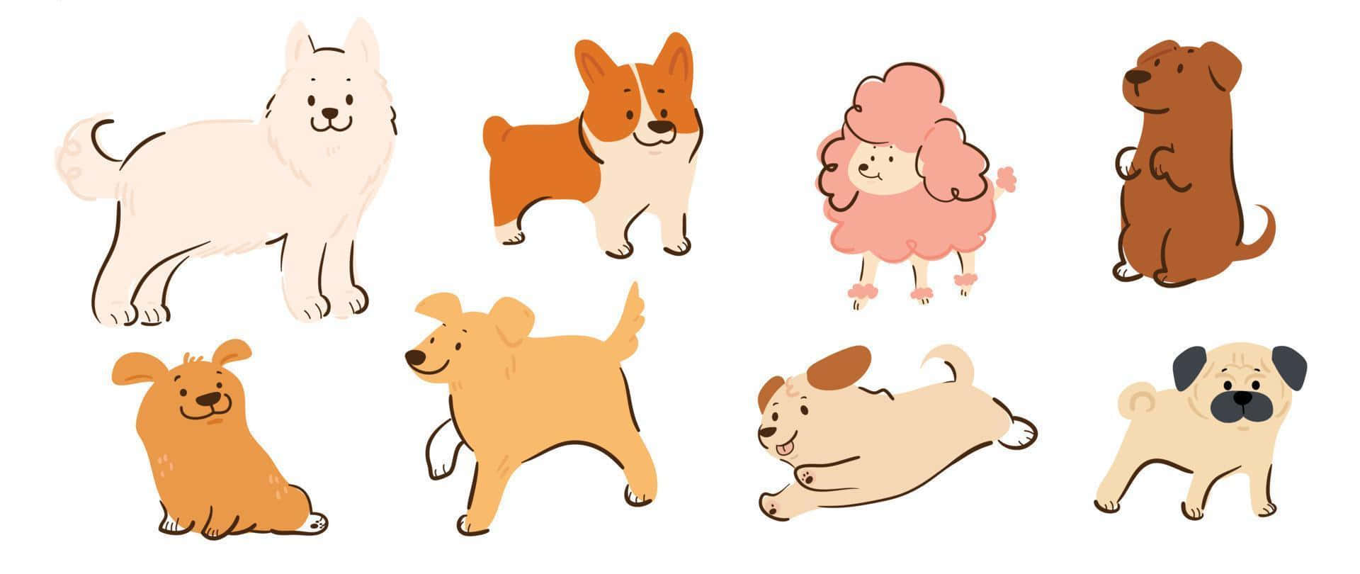 Puppies 桌布 壁紙 — 八隻可愛卡通狗，以不同姿勢和顏色呈現，背景為純白色。