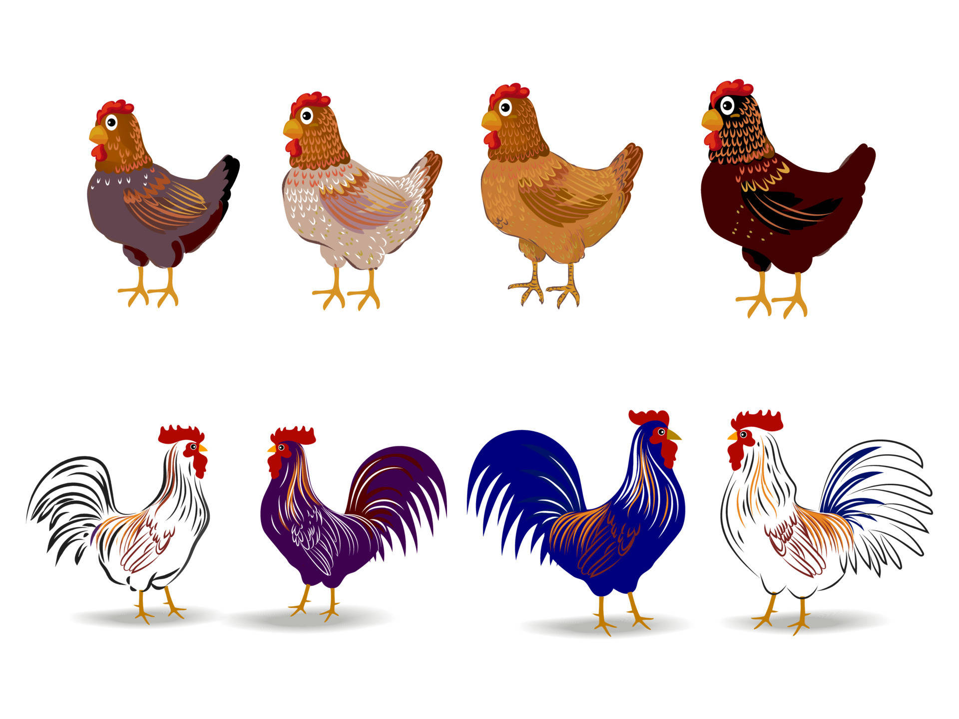 Chicken 桌布 壁紙 — 八隻風格化的卡通雞和公雞，顏色各異，排成兩行，背景為純白色。
