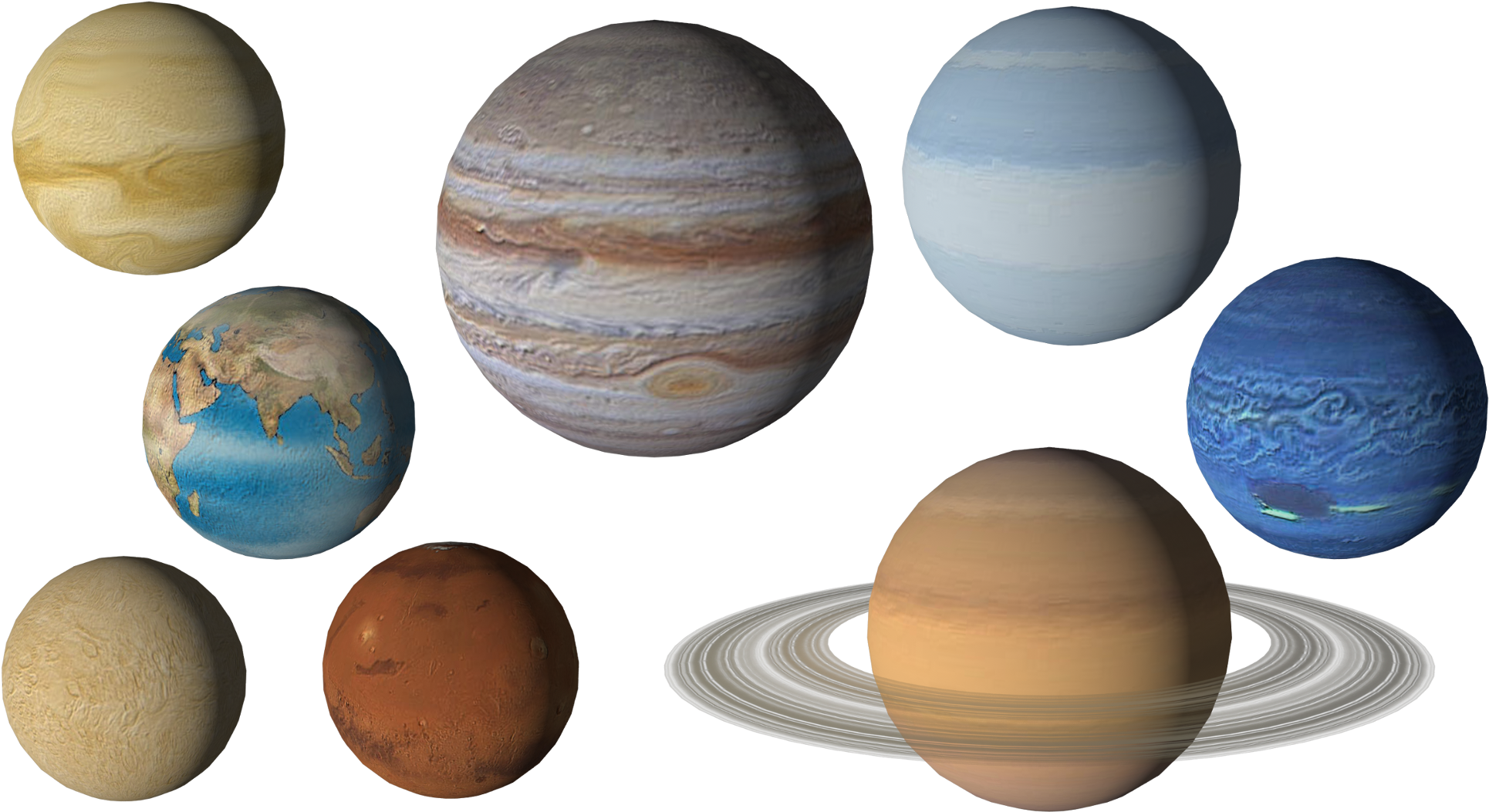 太陽系 桌布 壁紙 — 八顆行星（包括地球、火星、木星、土星和海王星）在深黑色太空背景下漂浮的生動展示。