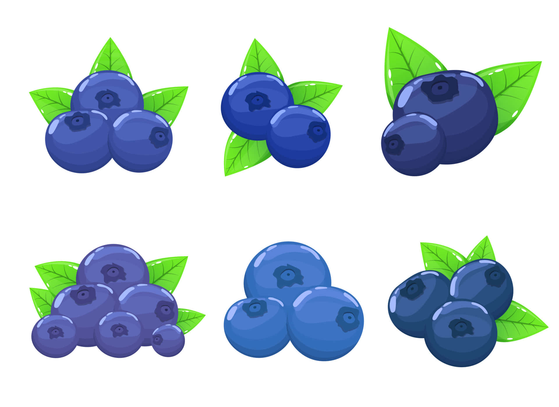 Blueberry 桌布 壁紙 — 六串光澤藍莓配綠葉，以網格排列在白色背景上。
