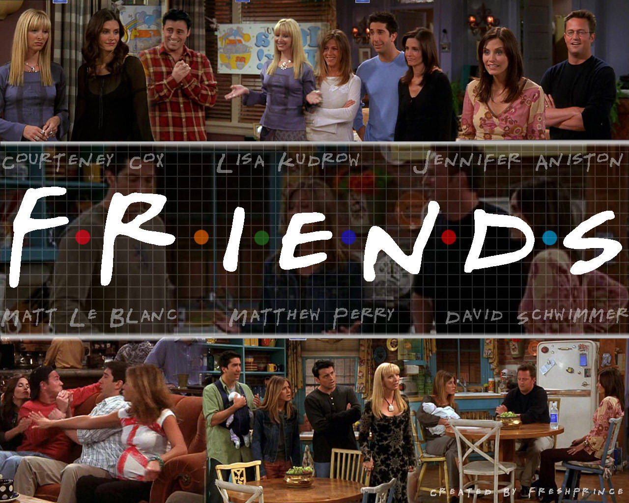 Friends 桌布 壁紙 — 《六人行》演員在他們標誌性的公寓中擺姿勢，並疊加了節目標題標誌。