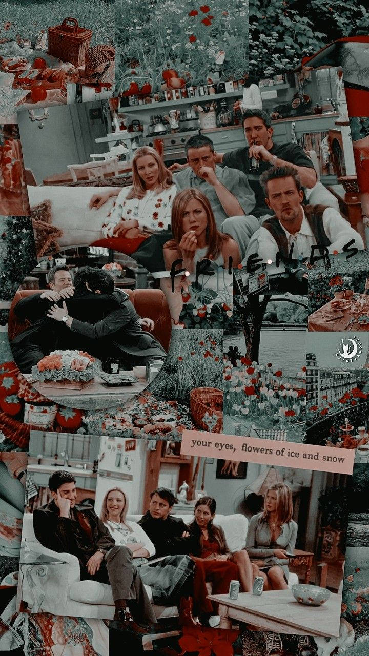 Friends Aesthetic 桌布 壁紙 — 《六人行》電視劇場景的拼貼畫，帶有紅色和藍綠色調色以及花卉疊加。