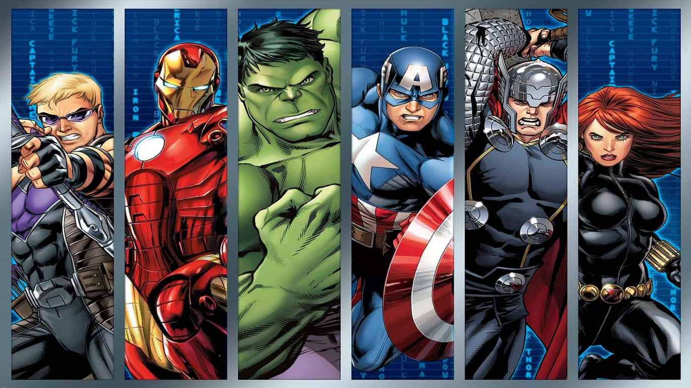 1366x768 Marvel's Avengers 桌布 壁紙 — 六位Marvel超級英雄以動態姿勢站在藍色數位網格背景前。