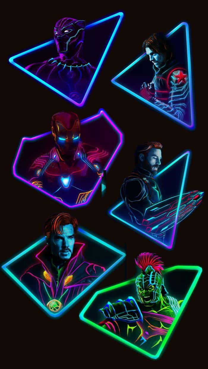 復仇者聯盟 桌布 壁紙 — 六位Marvel超級英雄在深色背景上的幾何框架內以霓虹輪廓發光。