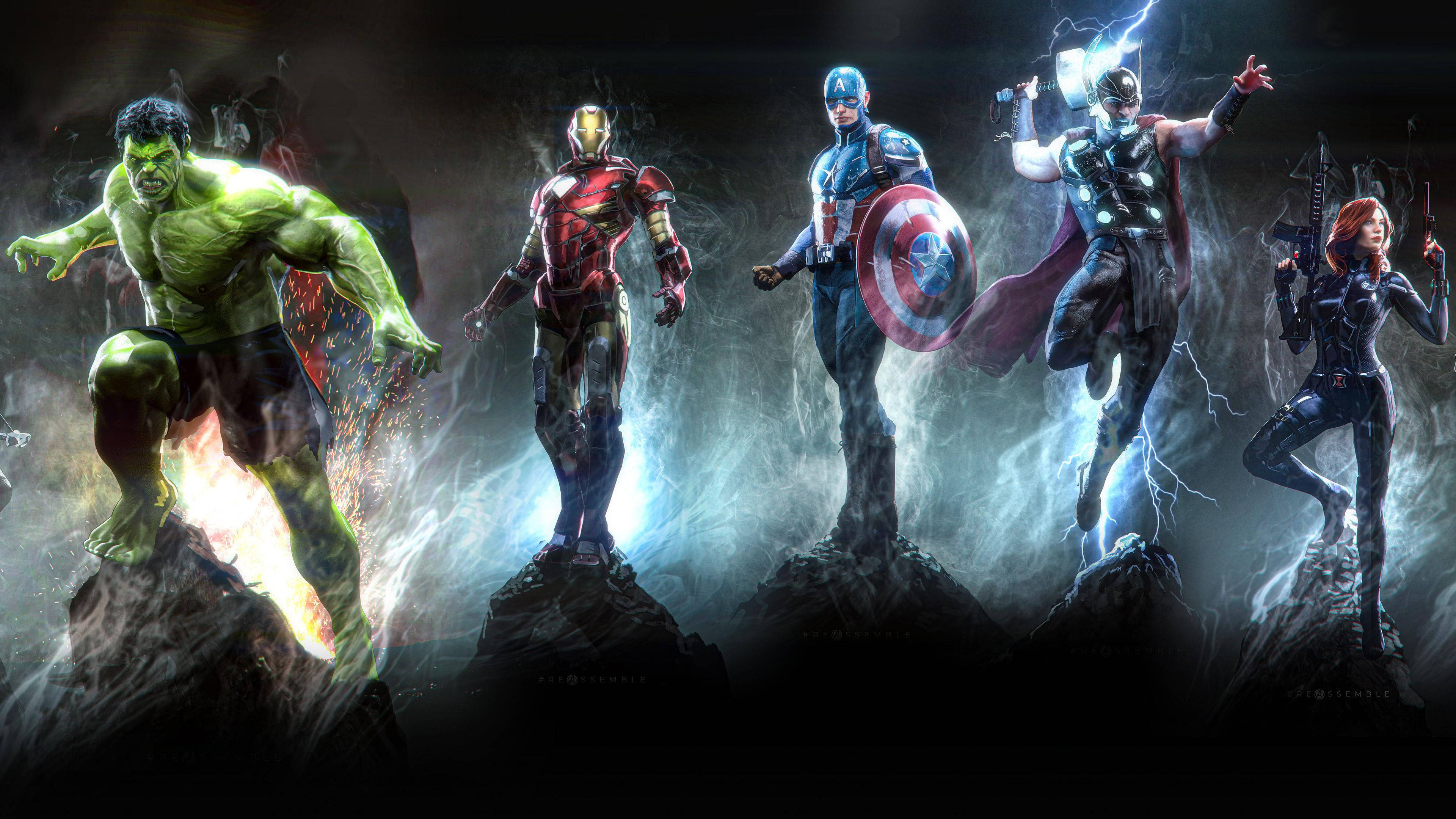 4K Marvel 壁紙 桌布 壁紙 — 六位Marvel超級英雄英勇地站在岩石露頭上，背景是黑暗風暴並帶有發光效果。