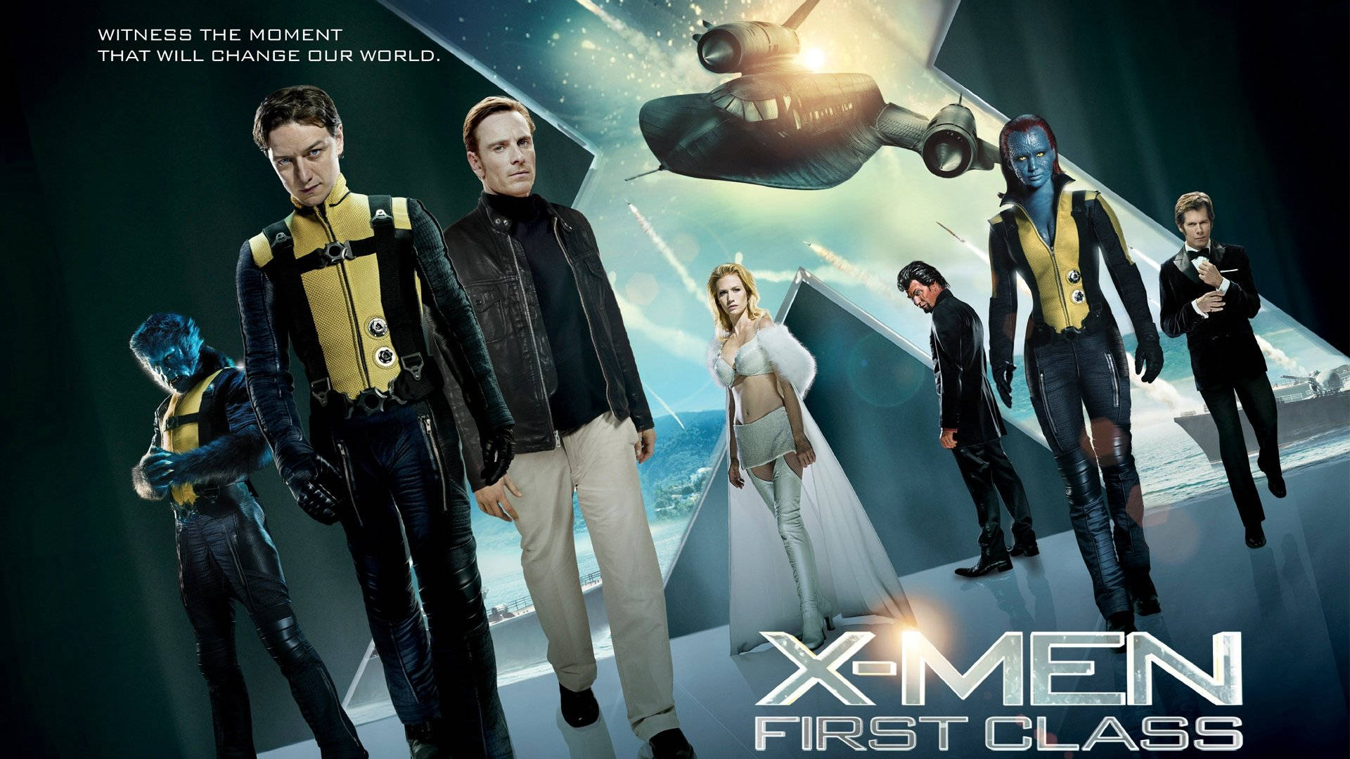 電影動圖 桌布 壁紙 — 六位X-Men First Class英雄站在未來感的房間中，一架飛碟在他們上方盤旋，背景是宇宙。