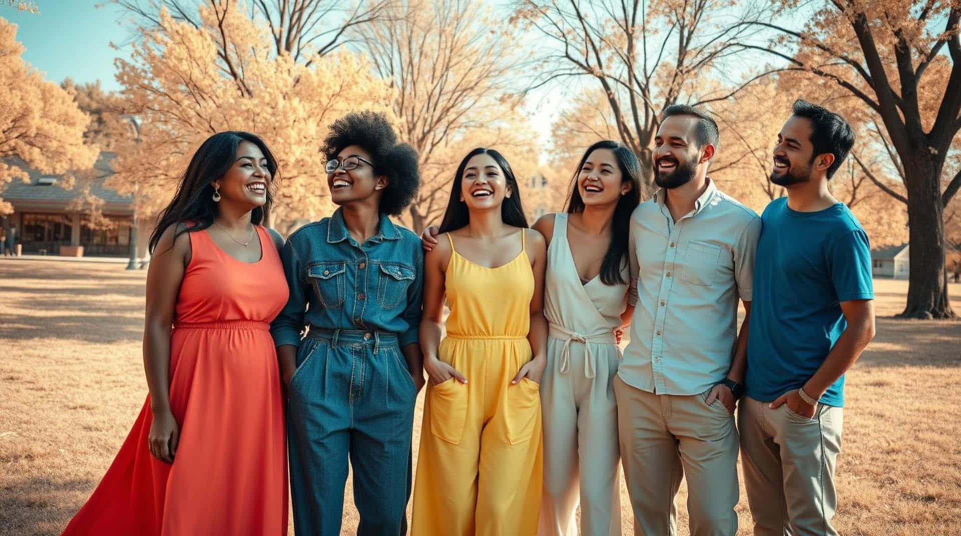Diverse happy friends enjoying a sunny autumn day outdoors, sharing laughter and connection 壁紙 — 六位不同背景的朋友在陽光明媚的公園裡，在金黃色的秋樹下一起大笑。