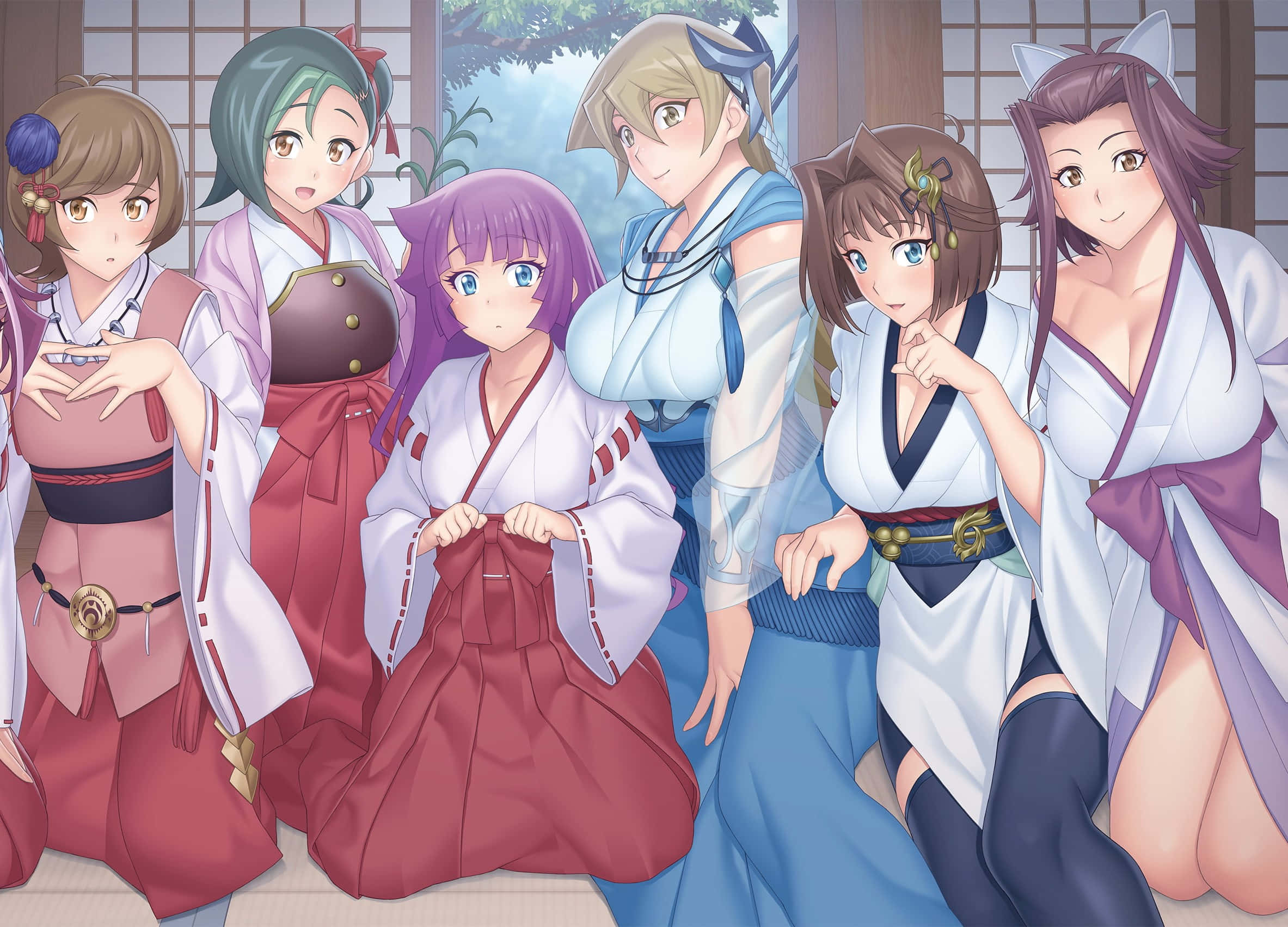 Alexis Rhodes 桌布 壁紙 — 六位動漫少女穿著色彩繽紛的傳統日本服飾，在陽光充足的榻榻米房間裡，搭配障子屏風一起擺姿勢。