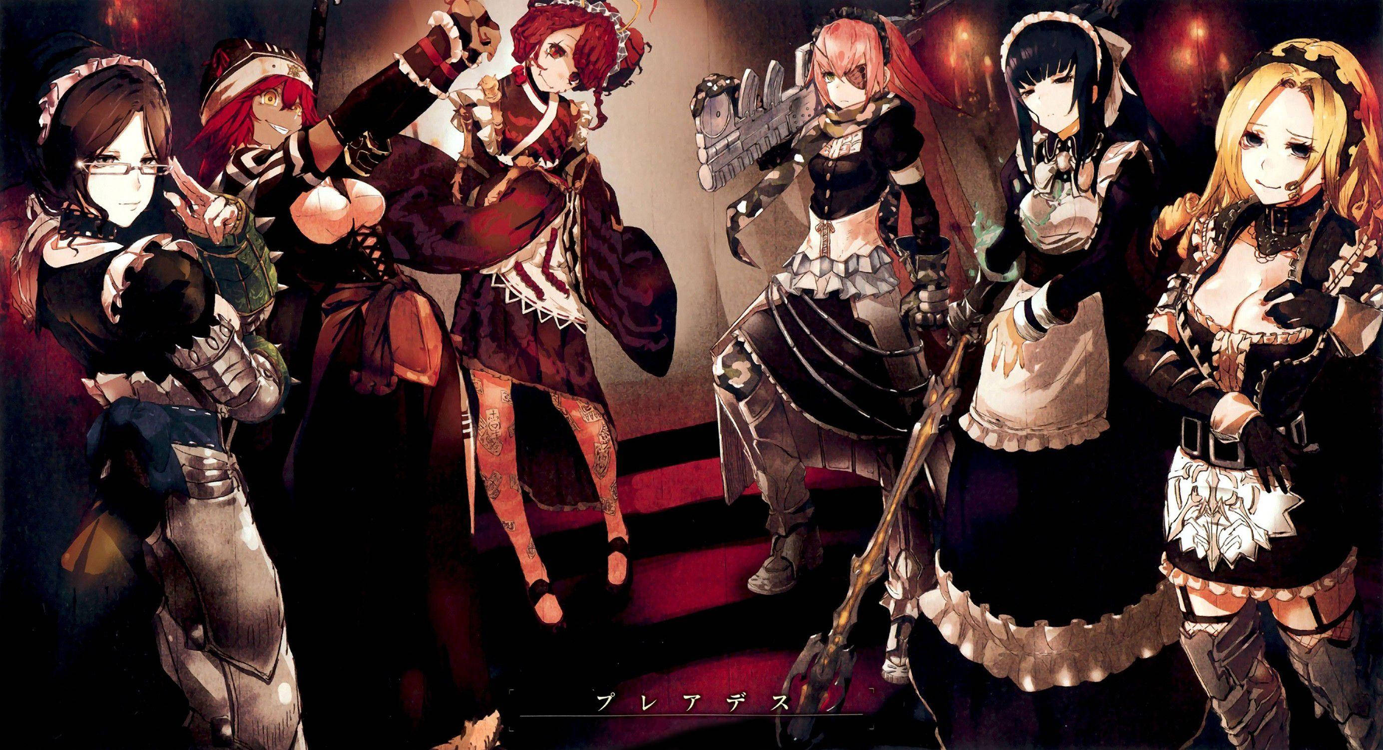 Overlord 桌布 壁紙 — 六位動漫風格的女戰士穿著女僕裝，在溫暖戲劇性的燈光下擺出武器姿勢。