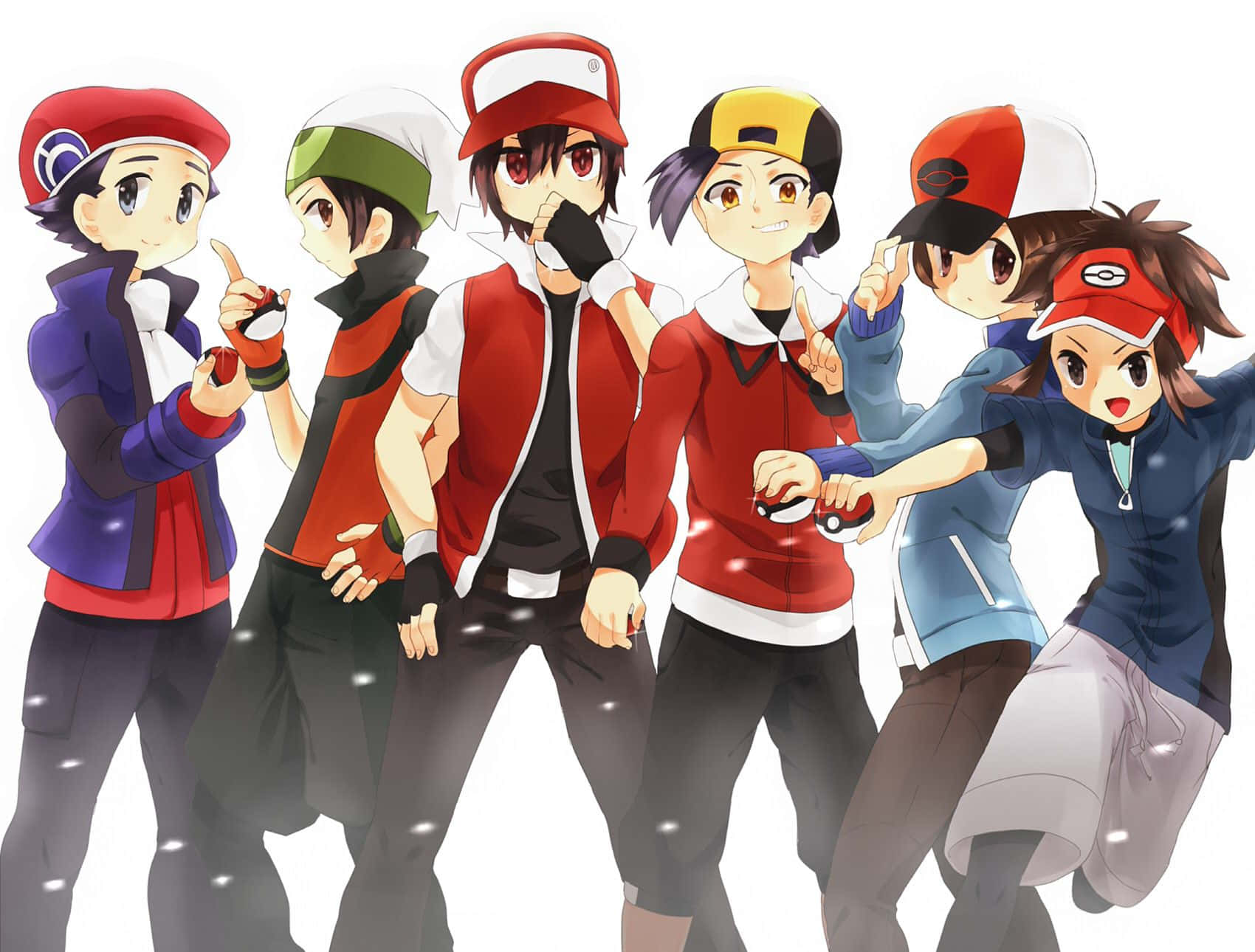 Pokemon Characters 桌布 壁紙 — 六位動漫風格的寶可夢訓練家，身穿紅色和藍色服裝，在雪白背景前充滿活力地擺姿勢。