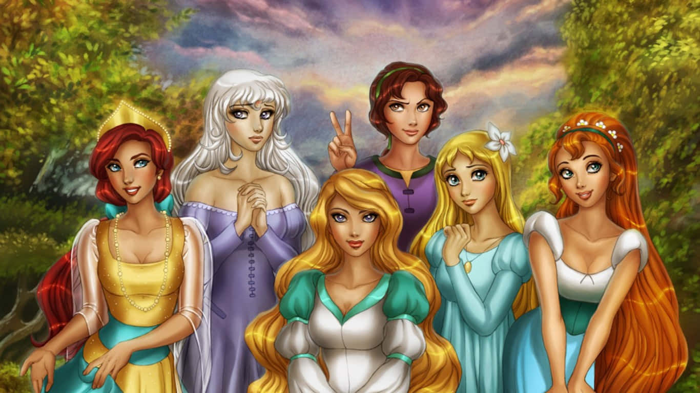 1366x768 Disney 桌布 壁紙 — 六位動畫公主穿著色彩繽紛的禮服，站在茂密的森林中，頭頂是充滿活力的暮色天空。