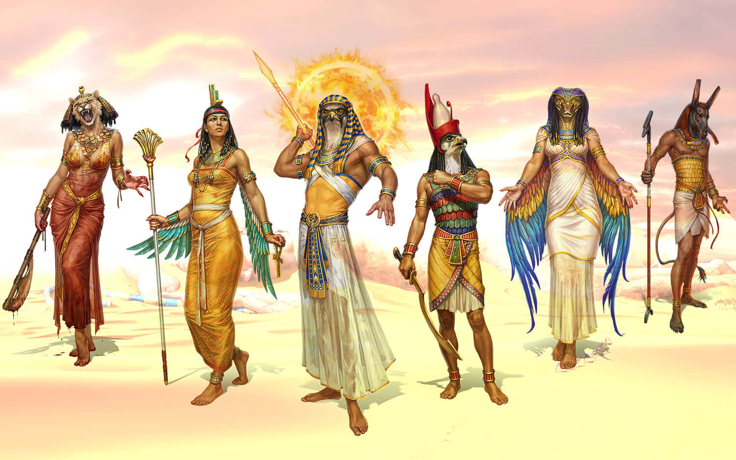 Egyptian Gods 桌布 壁紙 — 六位古埃及神祇站在沙漠景觀中，沐浴在耀眼的陽光下，每位都裝飾著華麗的傳統服飾和動物頭面具。