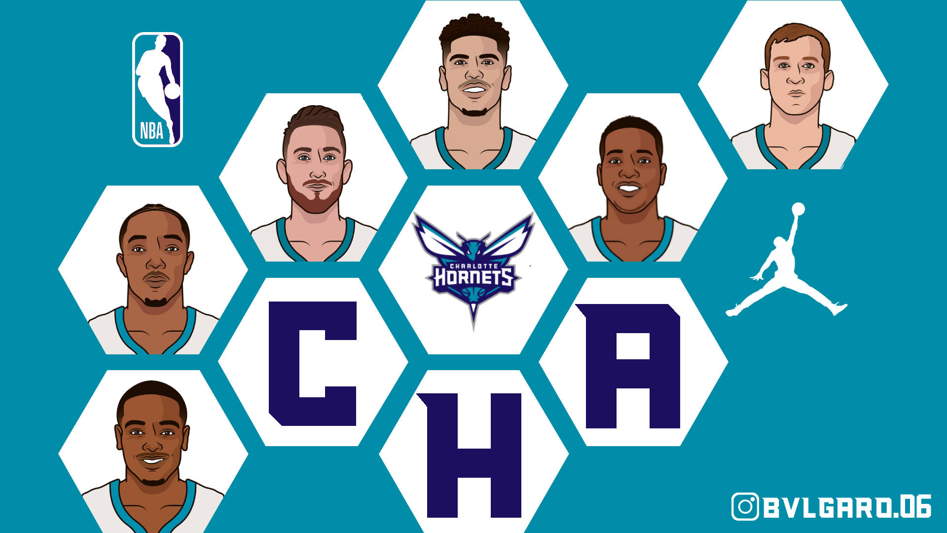 Hornets 桌布 壁紙 — 六位夏洛特黃蜂籃球運動員在六邊形框架內，背景為青綠色，附有球隊標誌和Jordan品牌標記。