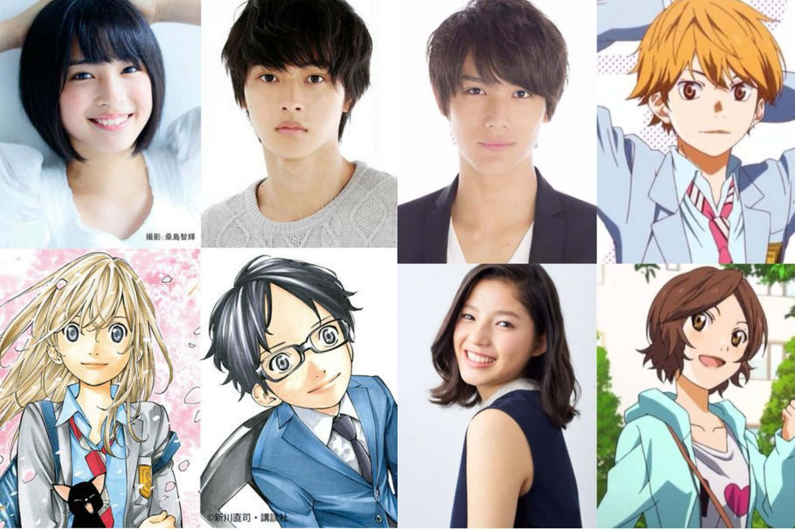 Your Lie In April 桌布 壁紙 — 六位年輕日本人的拼貼畫——三張真實照片和三張動漫角色——每位都穿著校服或休閒服微笑或擺姿勢。