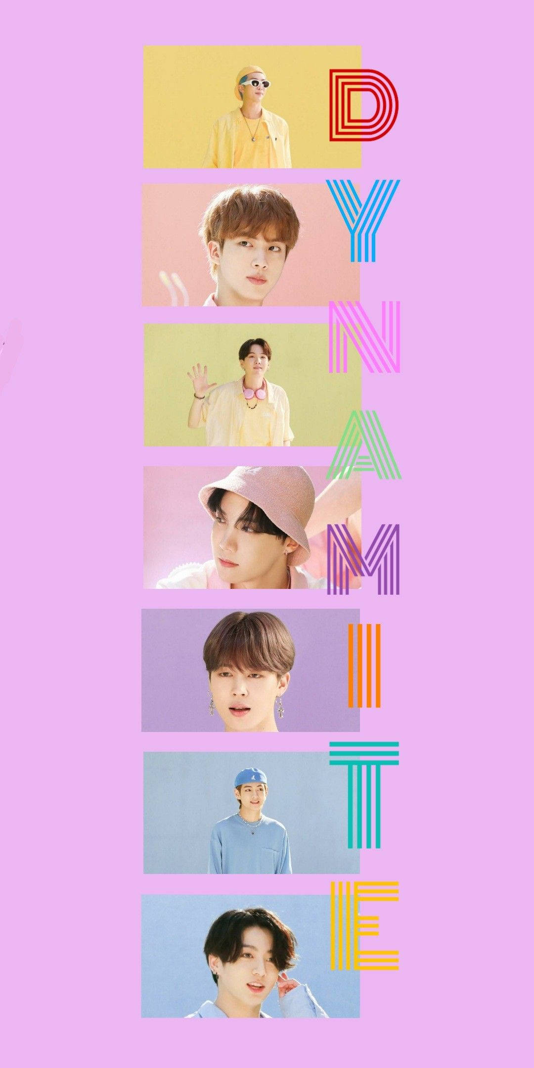 美學 BTS 桌布 壁紙 — 六位年輕男子穿著色彩繽紛的服裝，出現在垂直面板上，背景為柔和色調，並帶有風格化的字母「DYNAMITE」。