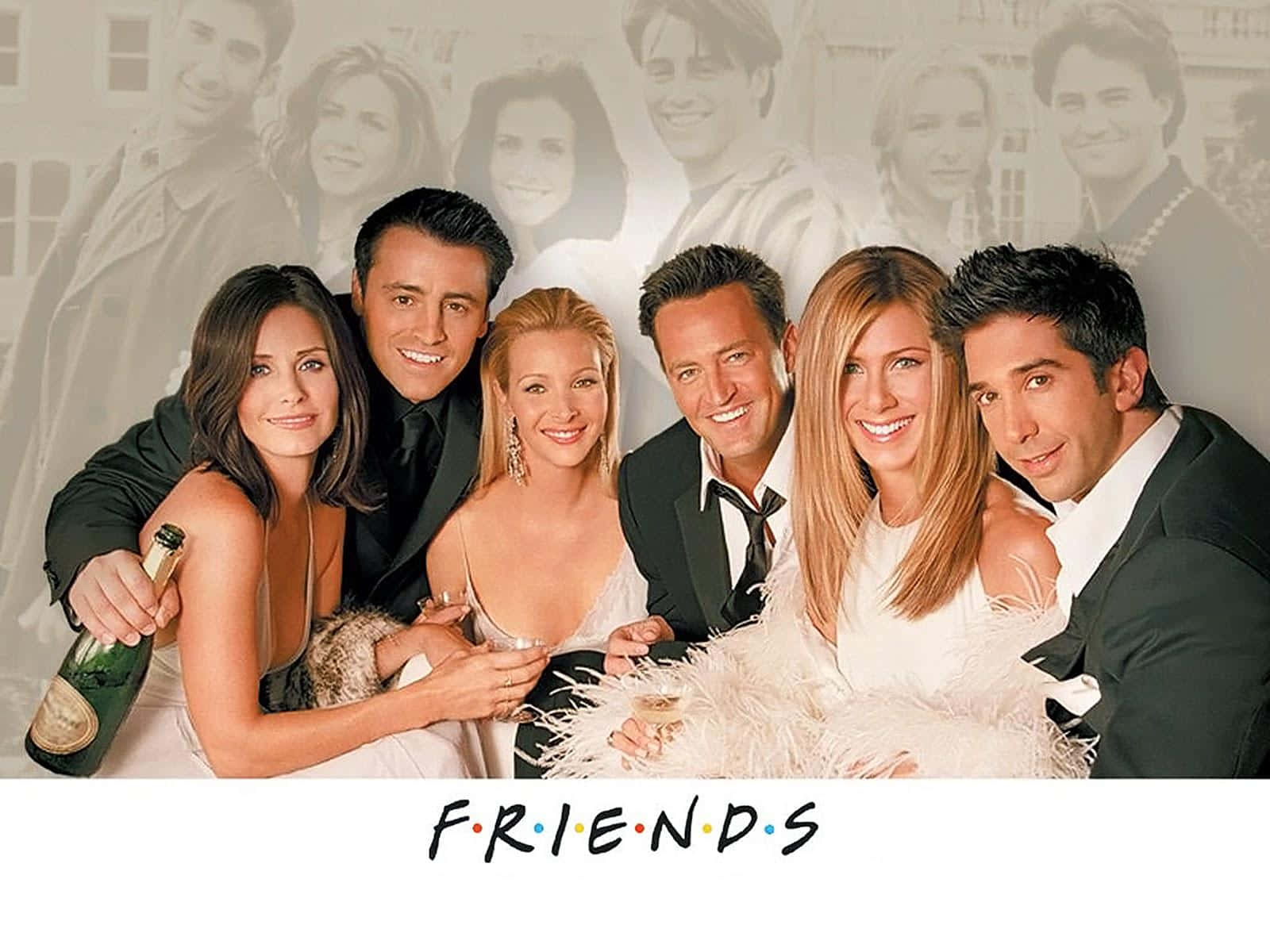 Friends 桌布 壁紙 — 六位微笑的朋友穿著正式服裝，在慶祝聚會中一起舉著香檳擺姿勢。