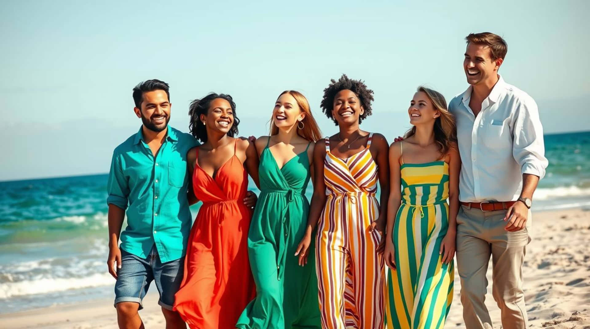 Joyful friends embrace summer bliss walking along a sun-drenched beach 壁紙 — 六位微笑的朋友穿著色彩繽紛的夏季服裝，在陽光明媚的海灘上漫步，身後是碧綠色的海浪。