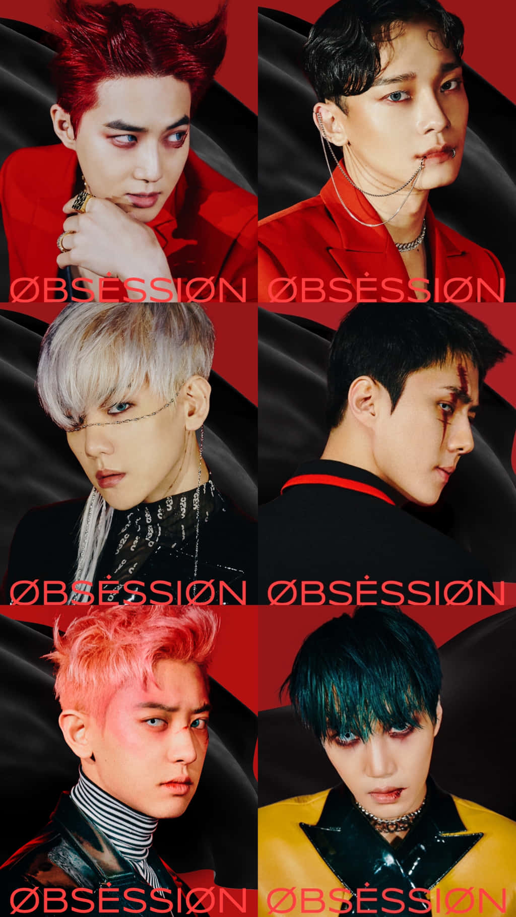 EXO 桌布 壁紙 — 六位時尚男士以鮮豔的髮色，在帶有「OBSESSION」文字的戲劇性紅黑背景前擺姿勢。