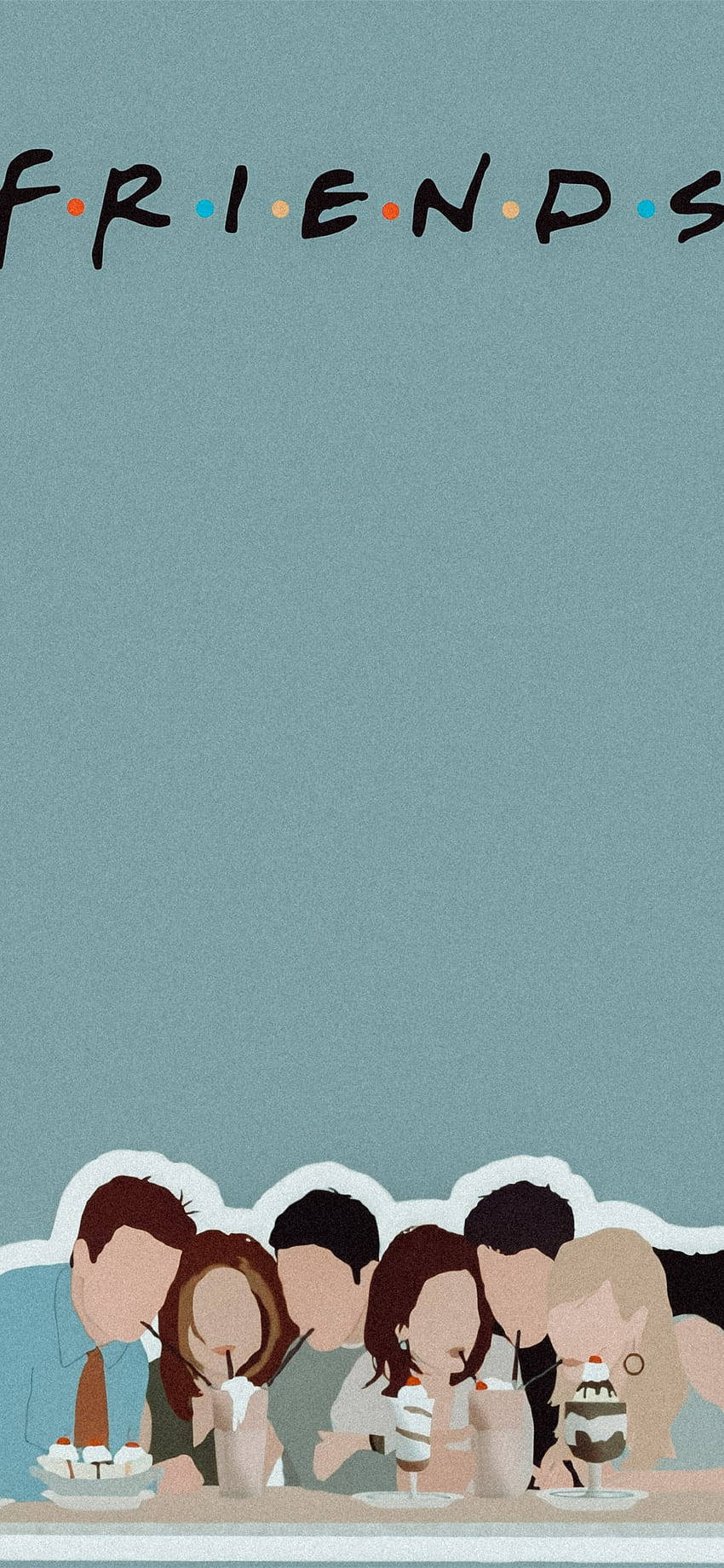 Friends Logo 桌布 壁紙 — 六位朋友一起坐在桌旁，在青綠色背景上標誌性的「Friends」標誌下享用甜點。