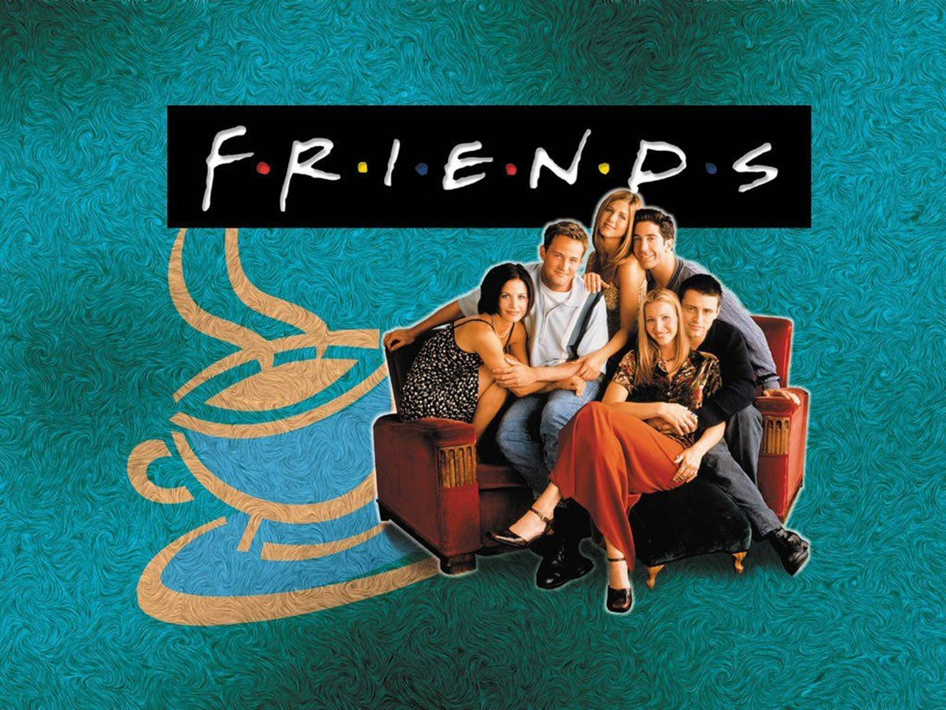 Friends Aesthetic 桌布 壁紙 — 六位朋友在帶有咖啡杯標誌和節目名稱的青色漩渦背景前，一起在紅色沙發上擺姿勢。