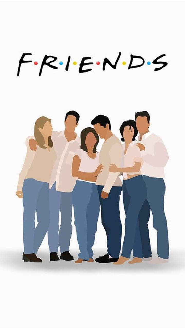 人像動態 桌布 壁紙 — 六位朋友在極簡插畫中緊密站在一起，下方是標誌性的Friends標誌。