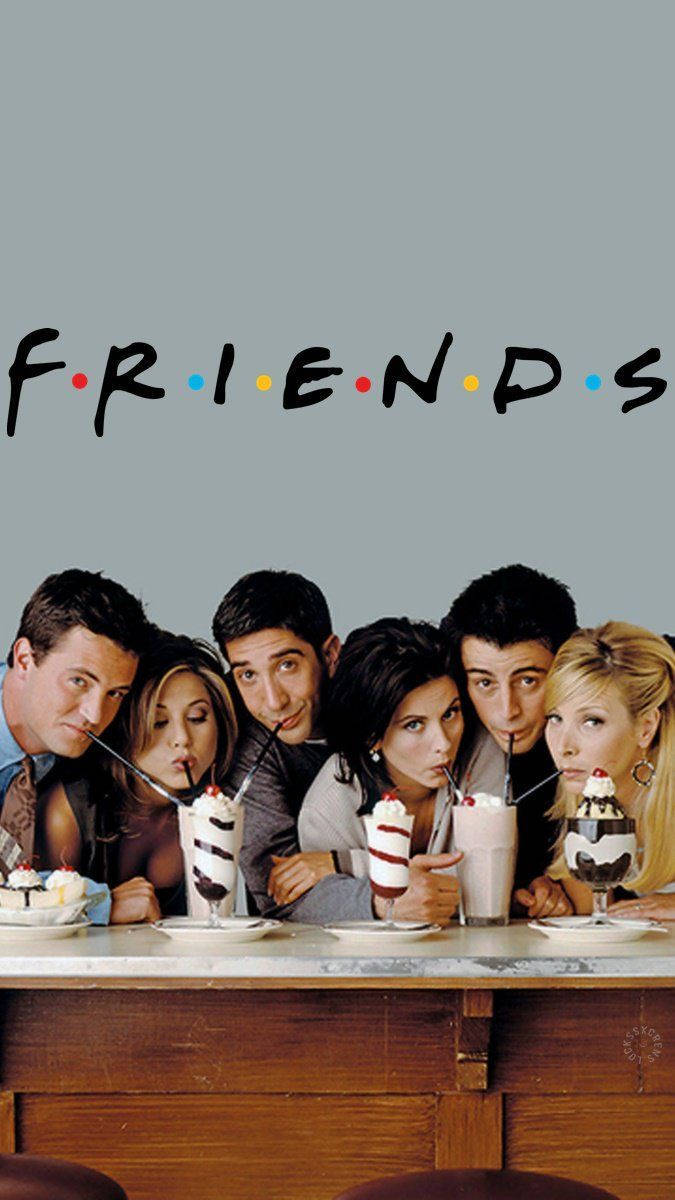 人像動態 桌布 壁紙 — 六位朋友在標誌性的 Friends 標誌下，靠在餐廳櫃檯上啜飲奶昔。