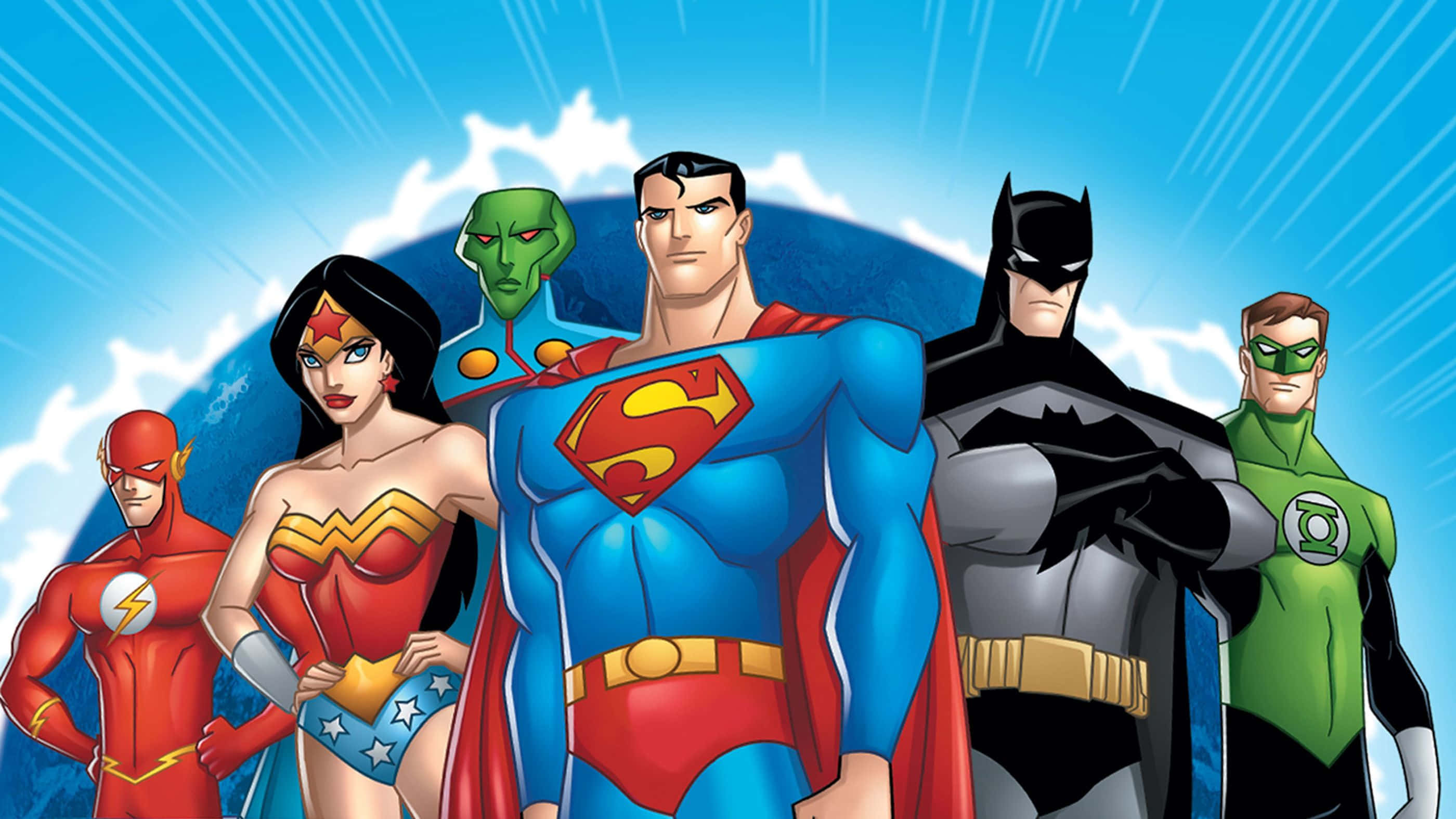 Justice League Doom 桌布 壁紙 — 六位標誌性超級英雄英勇地站在明亮的藍天白雲和放射光線前。