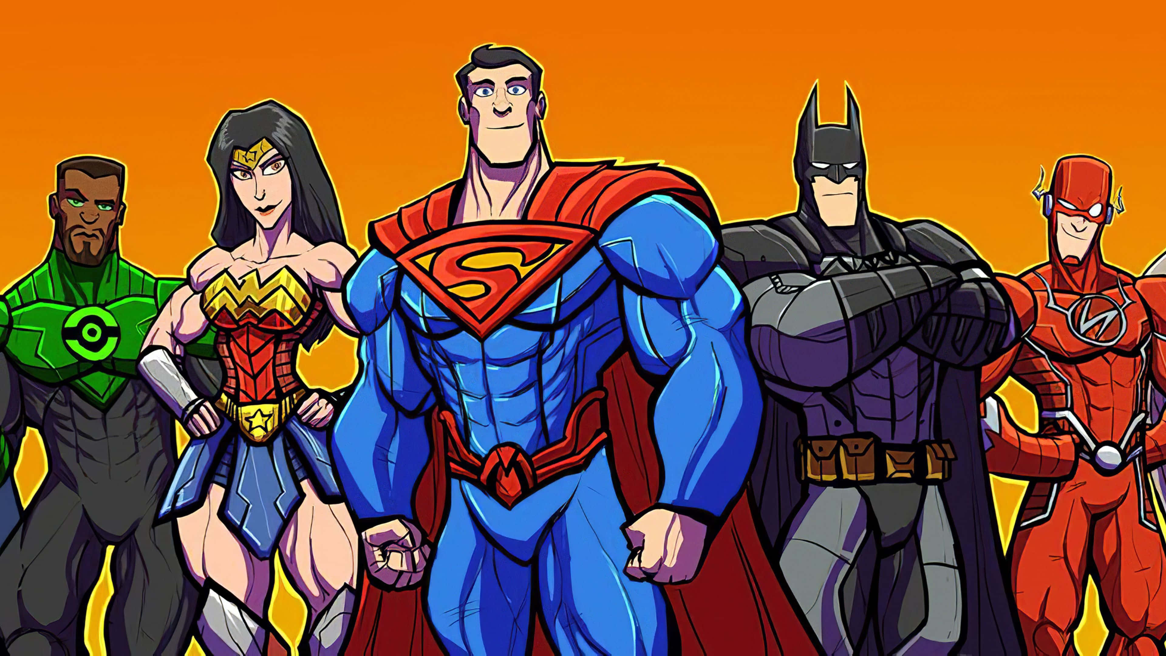 Cartoon Heroes 桌布 壁紙 — 六位標誌性超級英雄英勇地站在火熱的橙色背景前，散發出力量與團結。