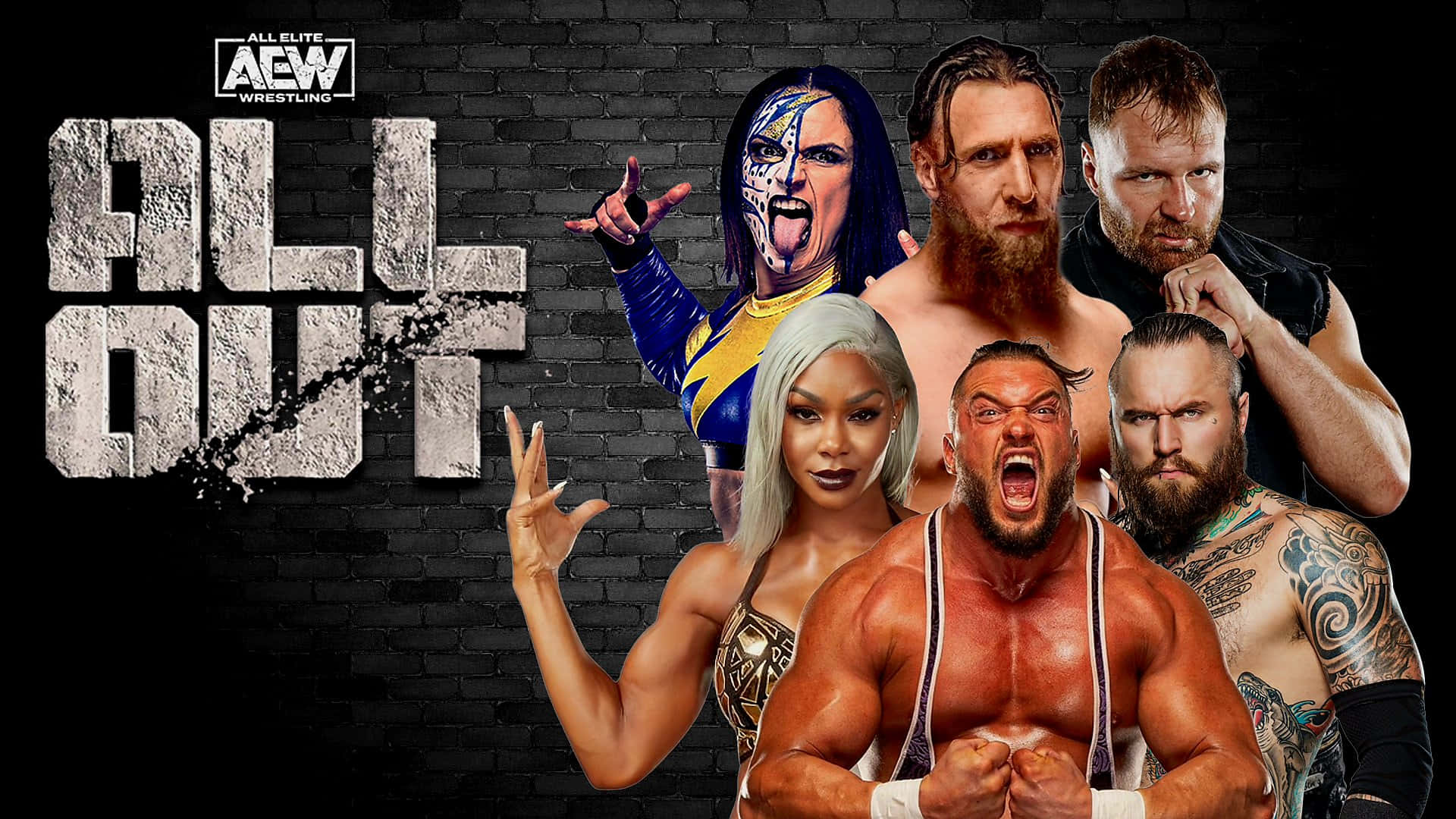 Cool WWE 桌布 壁紙 — 六位激烈的AEW摔角手在粗糙的黑色磚牆前擺出侵略性姿勢，牆上有'ALL OUT'標誌。