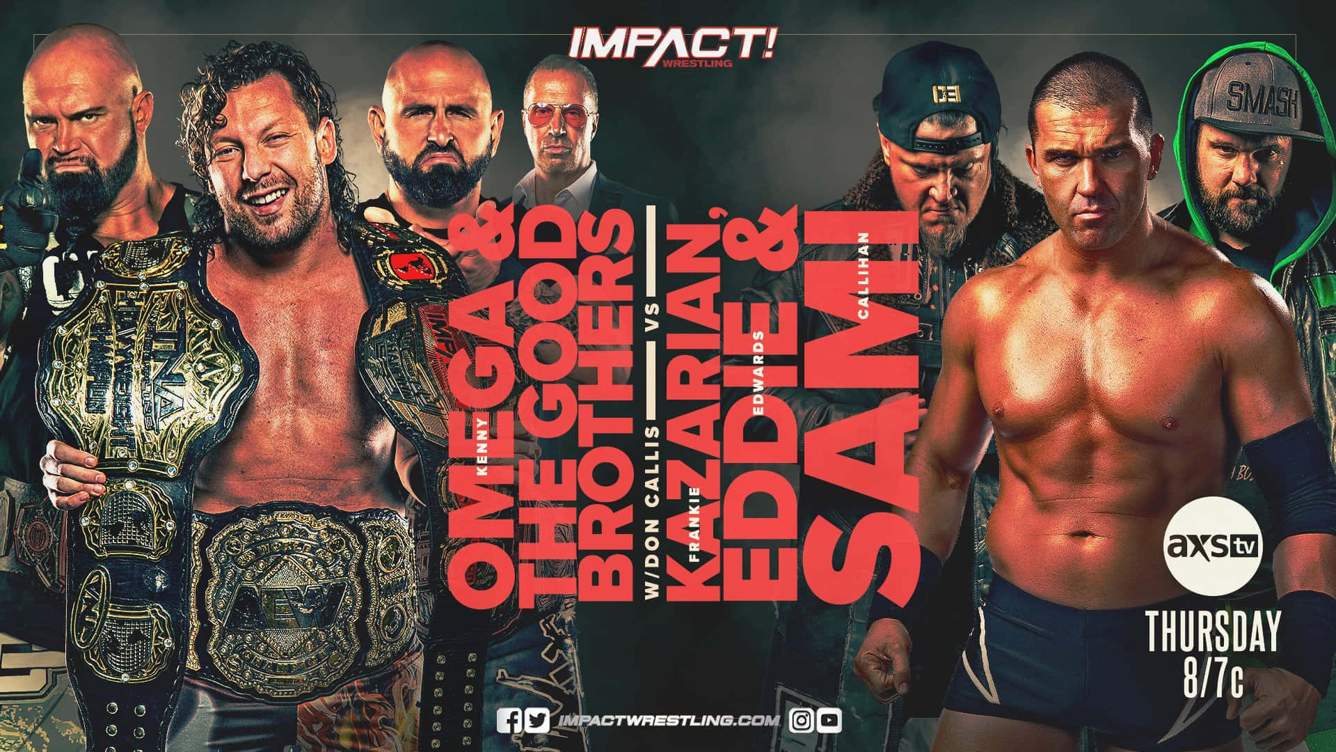 摔角 桌布 壁紙 — 六位激烈的職業摔角手在 Impact Wrestling 活動的黑暗宣傳背景下，手持冠軍腰帶擺姿勢。