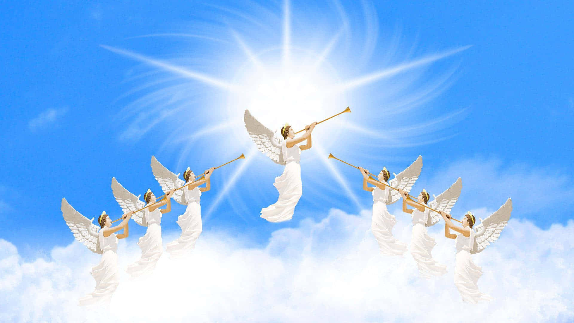 Angels Of God 桌布 壁紙 — 六位白翼天使身穿飄逸長袍，在燦爛的藍天中吹奏小號，背景有熾熱的太陽和旋轉的雲彩。