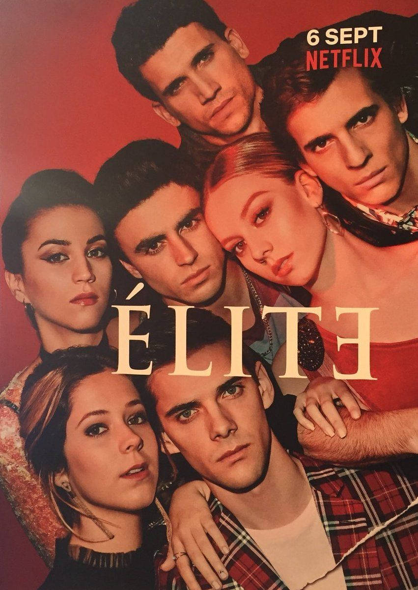 Elite 桌布 壁紙 — 六位神情專注的年輕人直視觀眾，背景為深紅色，帶有「ÉLITE」標題和 Netflix 發行日期。