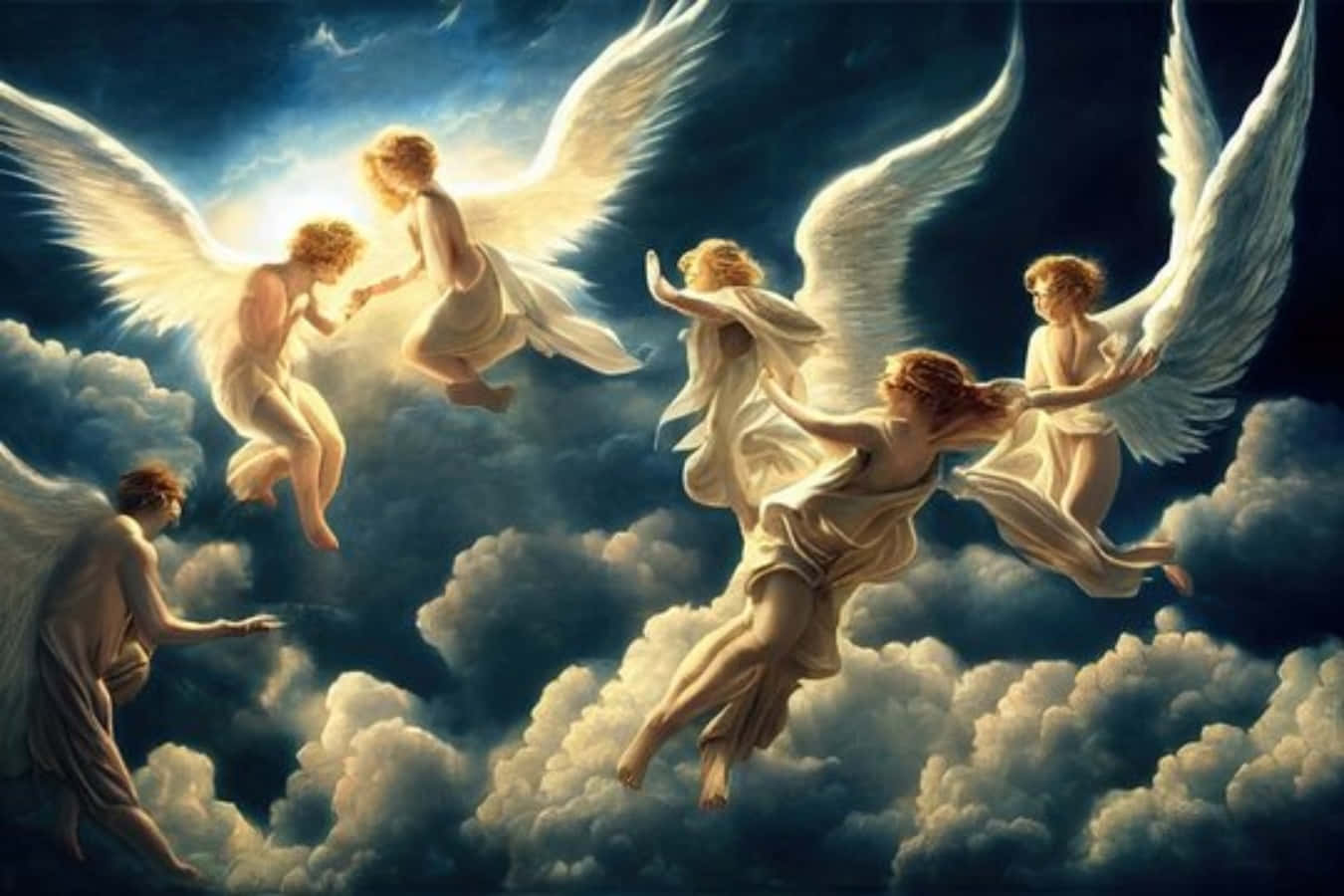 Angels Of God 桌布 壁紙 — 六位空靈的天使帶著光芒四射的翅膀，優雅地飛翔在由神聖之光點亮的戲劇性多雲天空中。